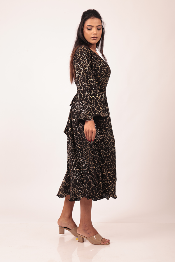 Black Midi Dress with Intricate Golden Geometric Patterns