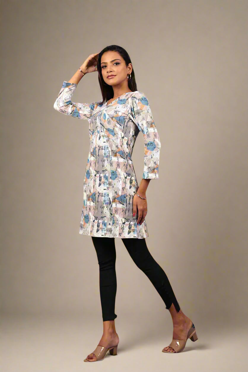 Multicolored Beige-Gray Abstract V-Neck Kurta