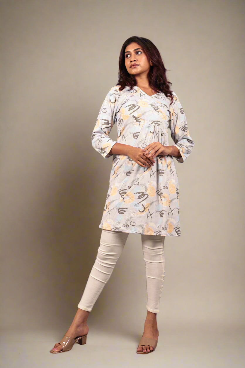 Multicolored Beige-Gray Abstract V-Neck Kurta