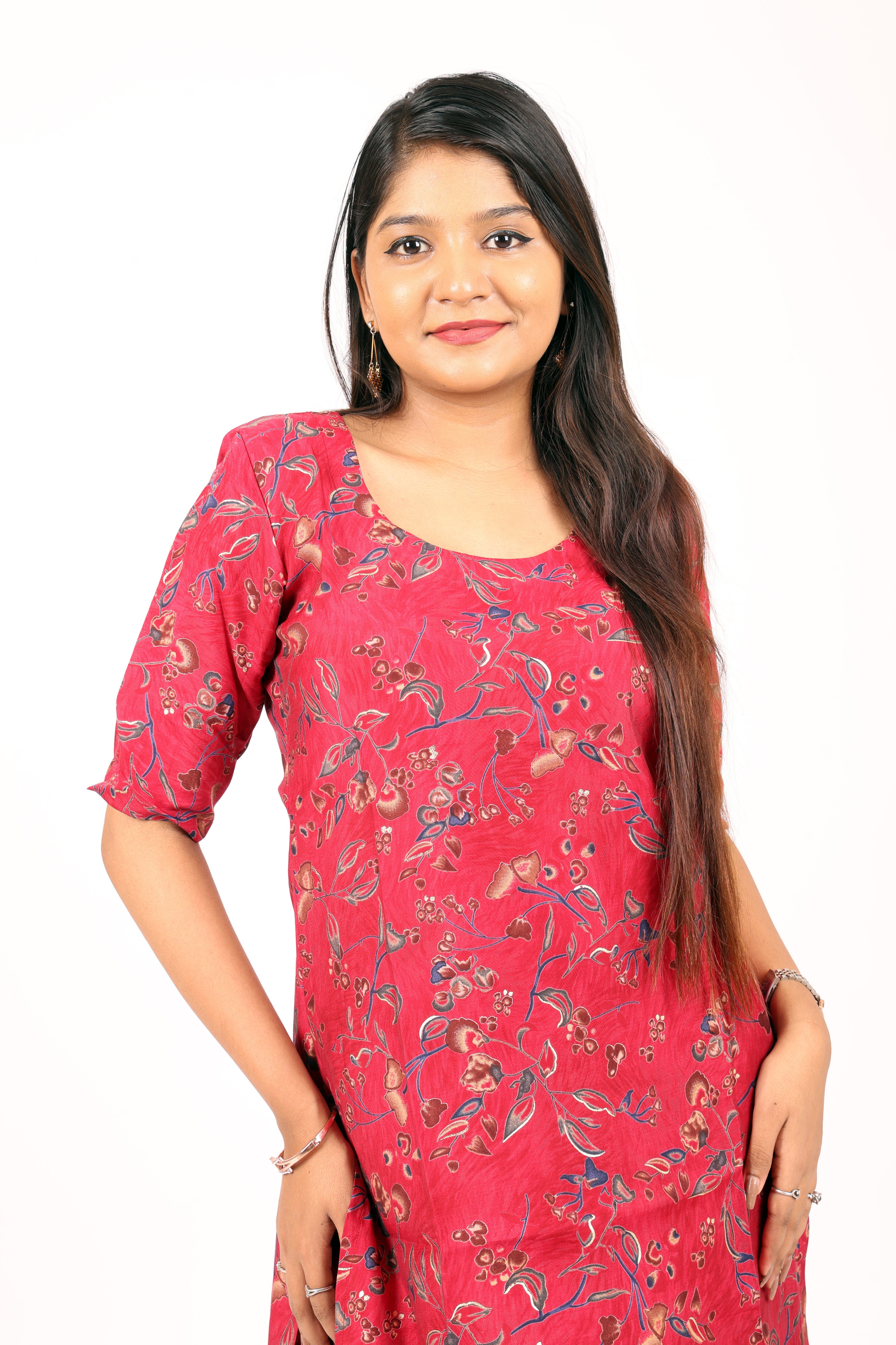 Ethnic style red floral-printed kurta and flared palazzo set.