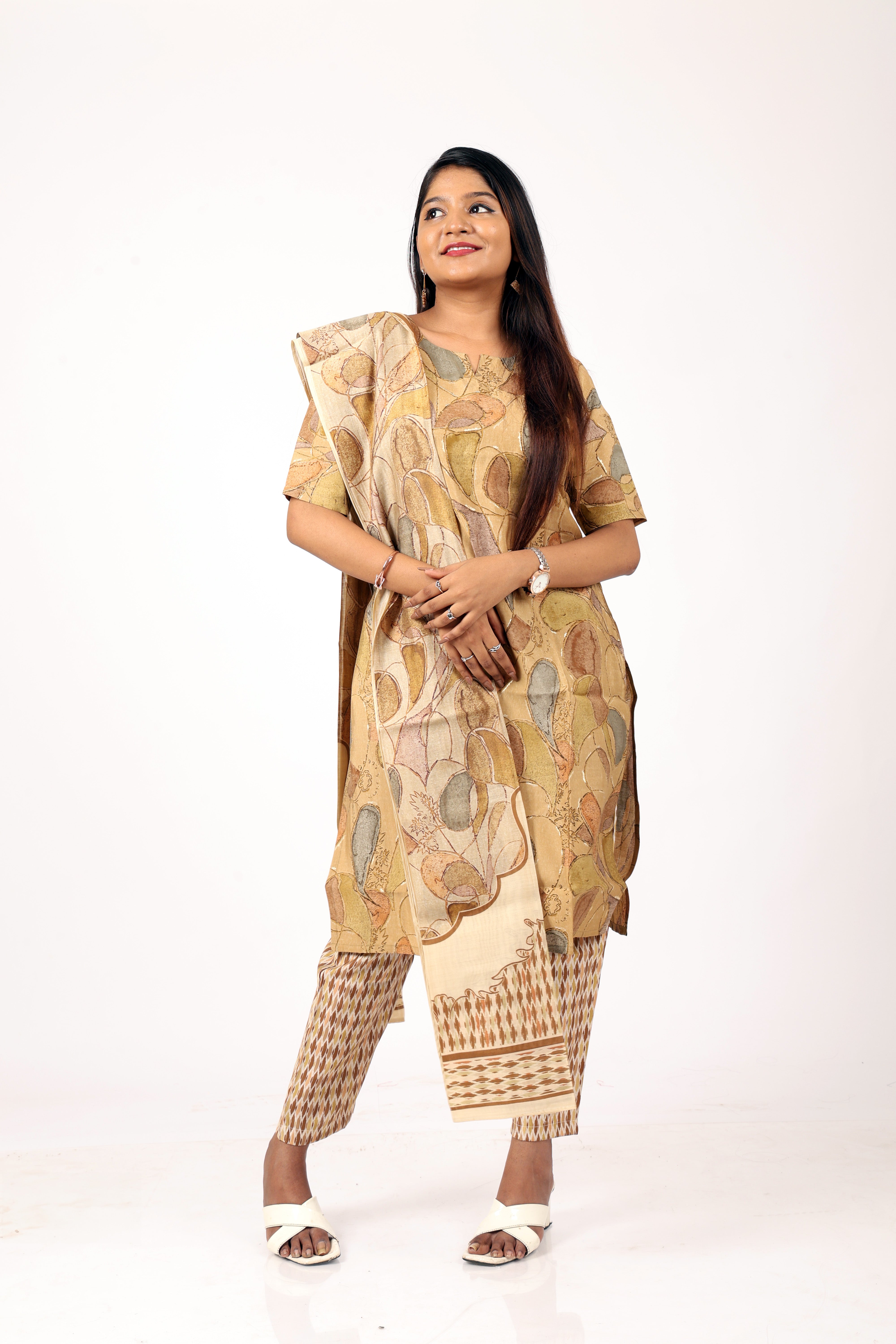 Beige Printed Kurta Set