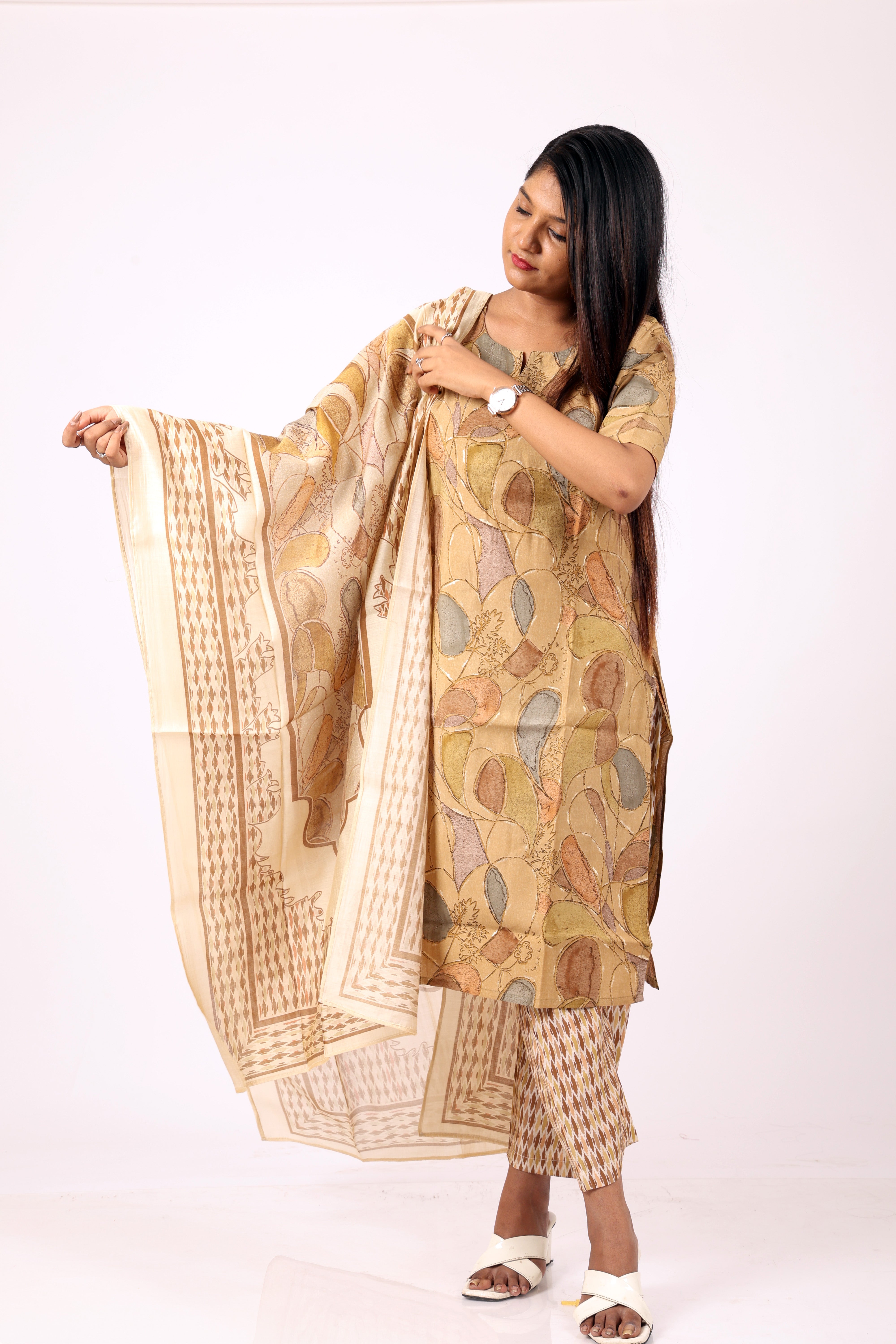 Beige Printed Kurta Set