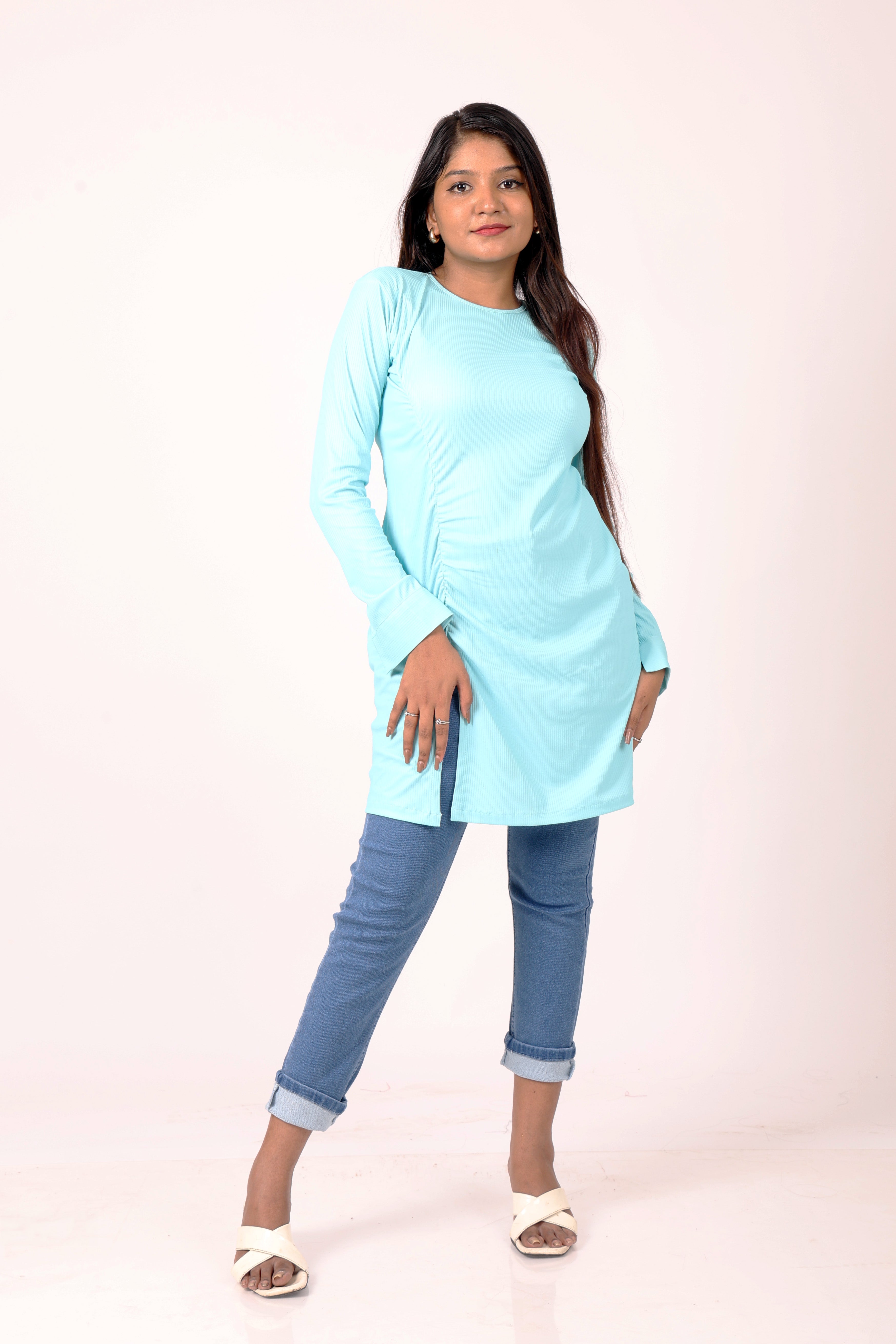 Aqua Blue Ruched Detail Top