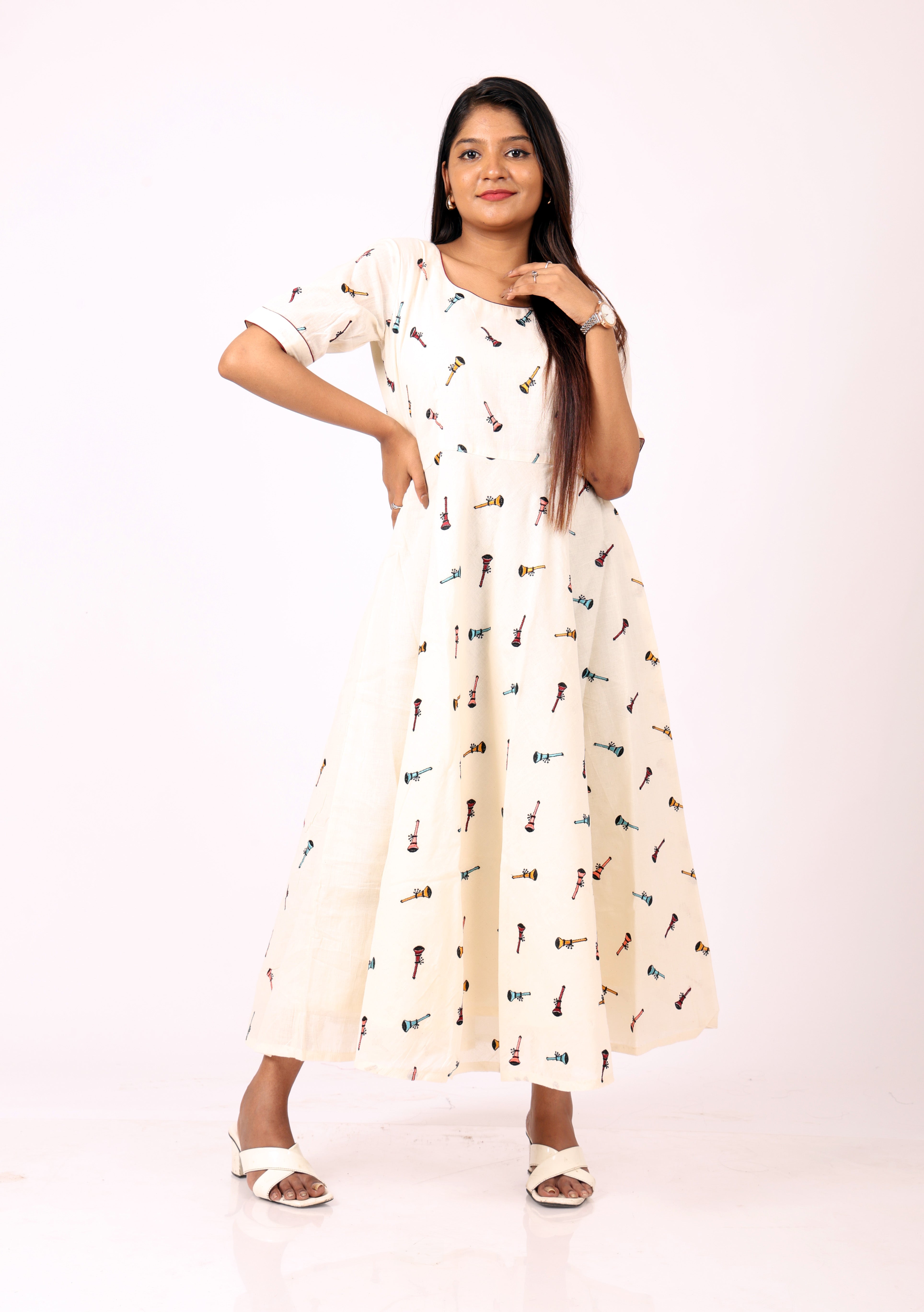 Cream Printed A-line Dress