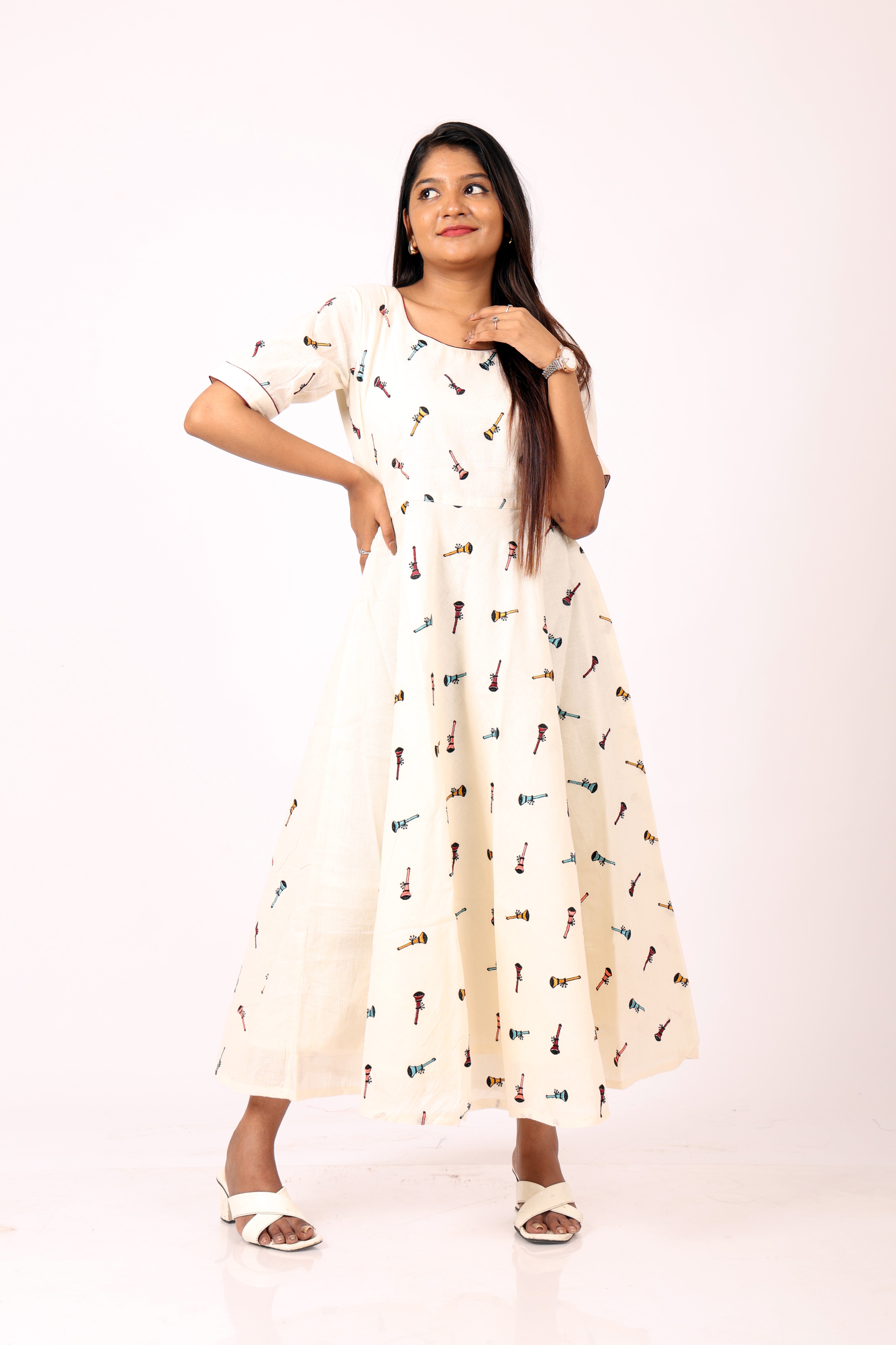 Cream Printed A-line Dress