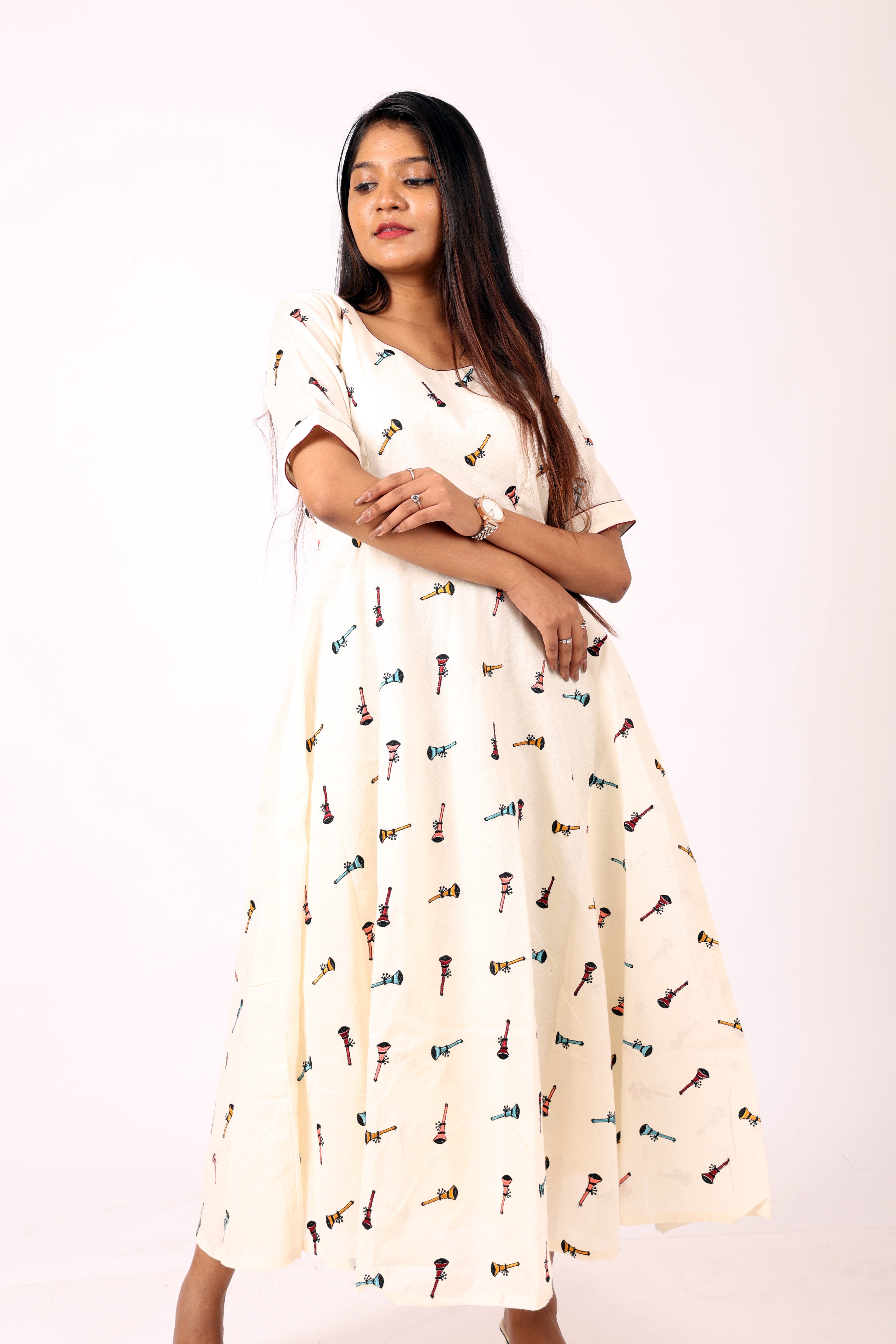 Cream Printed A-line Dress