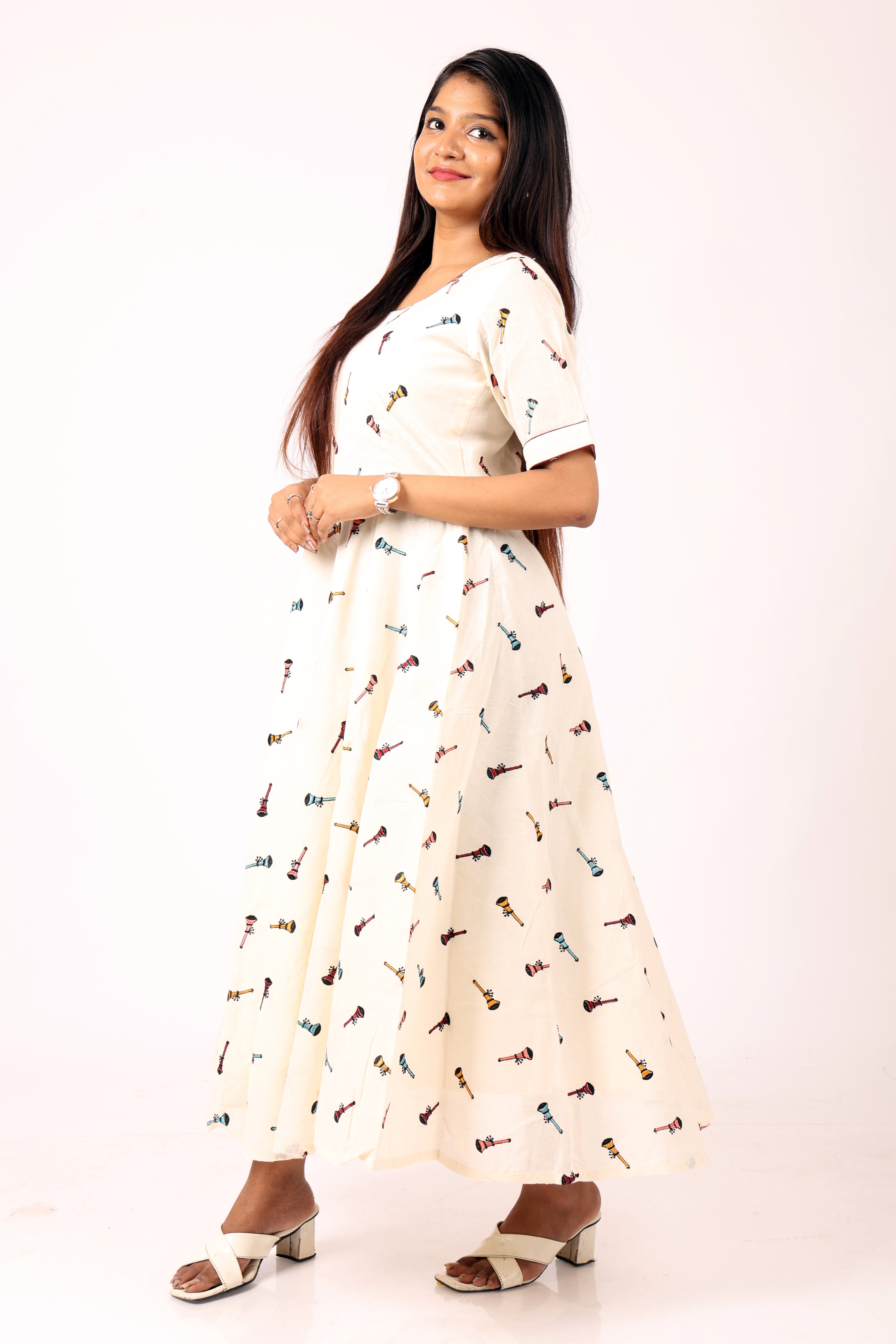 Cream Printed A-line Dress