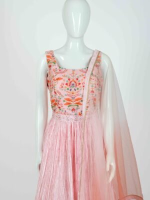 Women's Beautiful Pink floral plisse anarkali with net dupatta