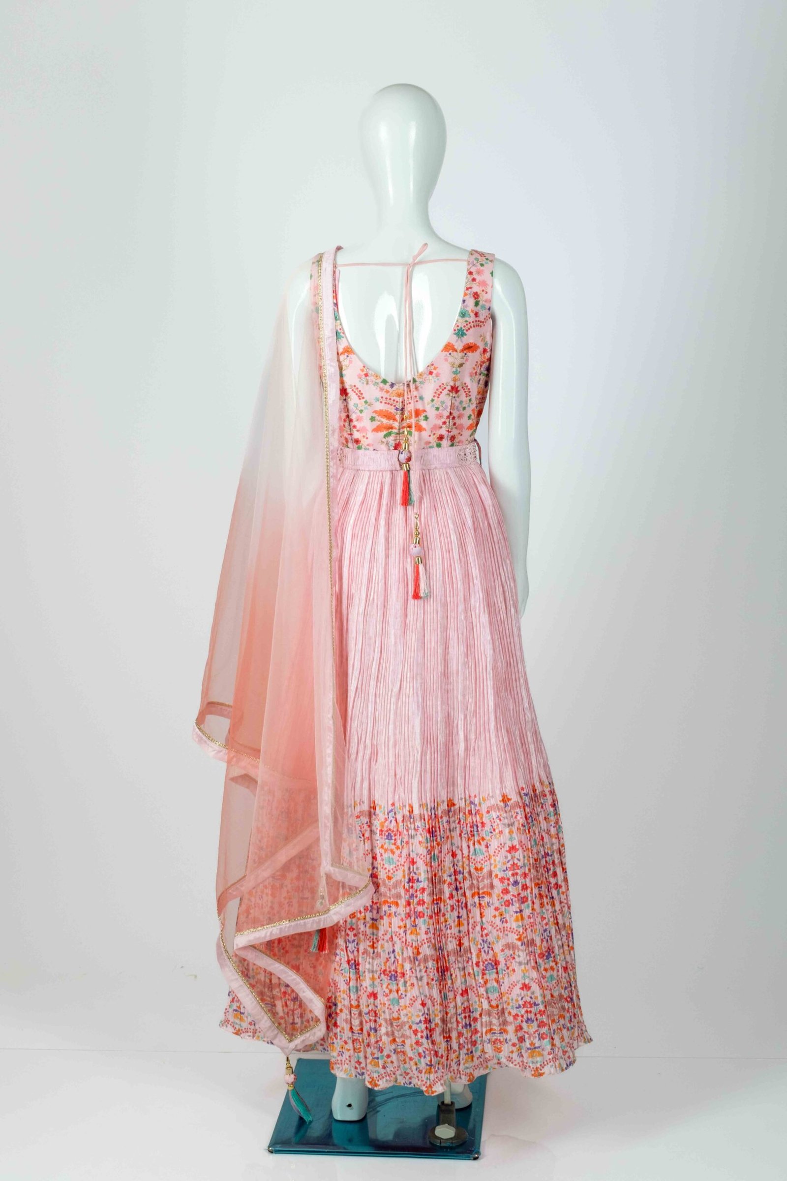 Women's Beautiful Pink floral plisse anarkali with net dupatta