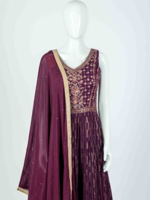 Women's Beautiful Violet floral gold zari embossed anarkali with dupatta