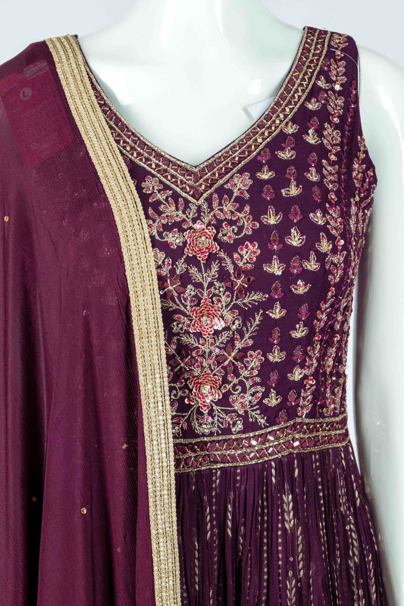 Women's Beautiful Violet floral gold zari embossed anarkali with dupatta