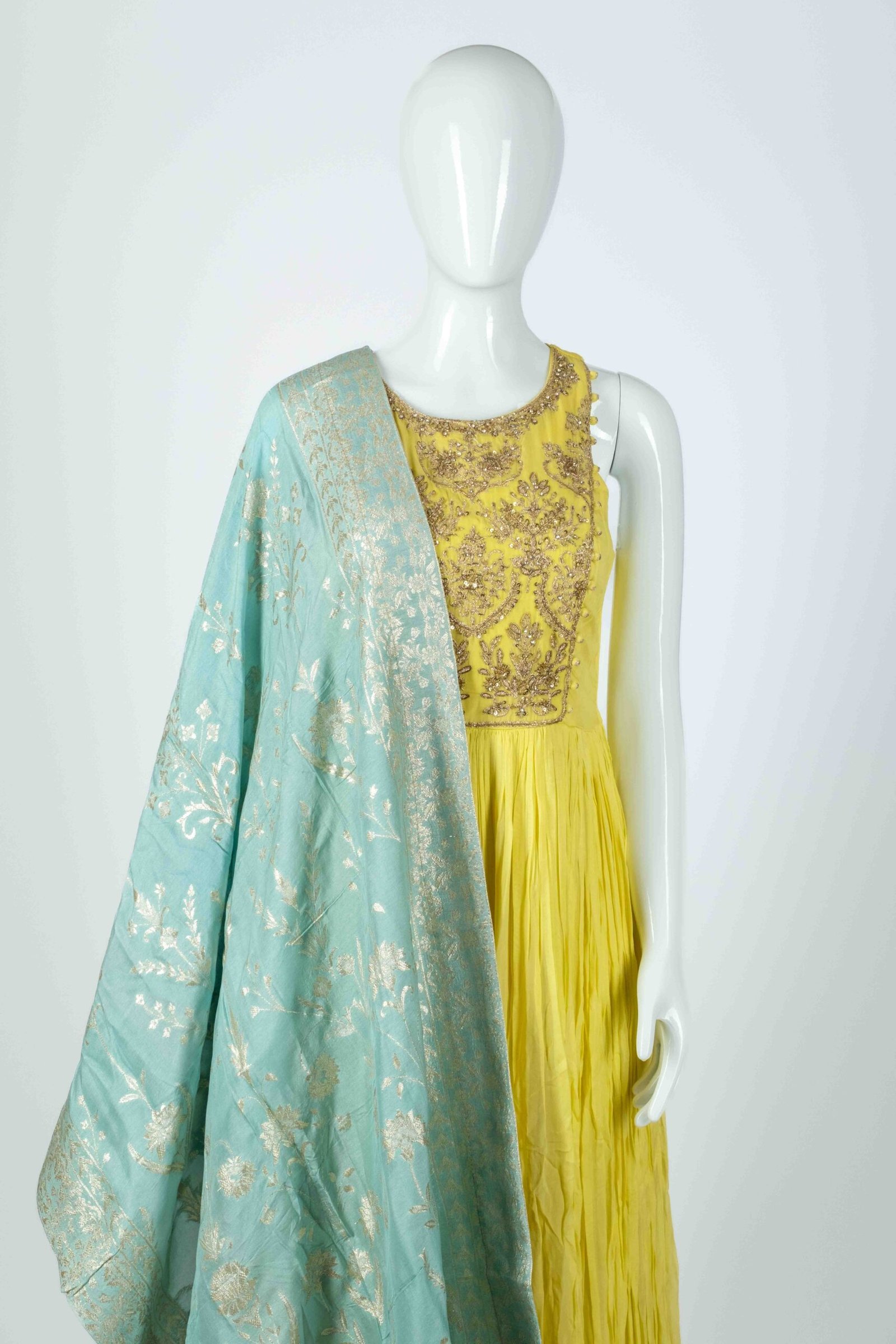 Women's beautiful Yellow anarkali with silver zari dupatta