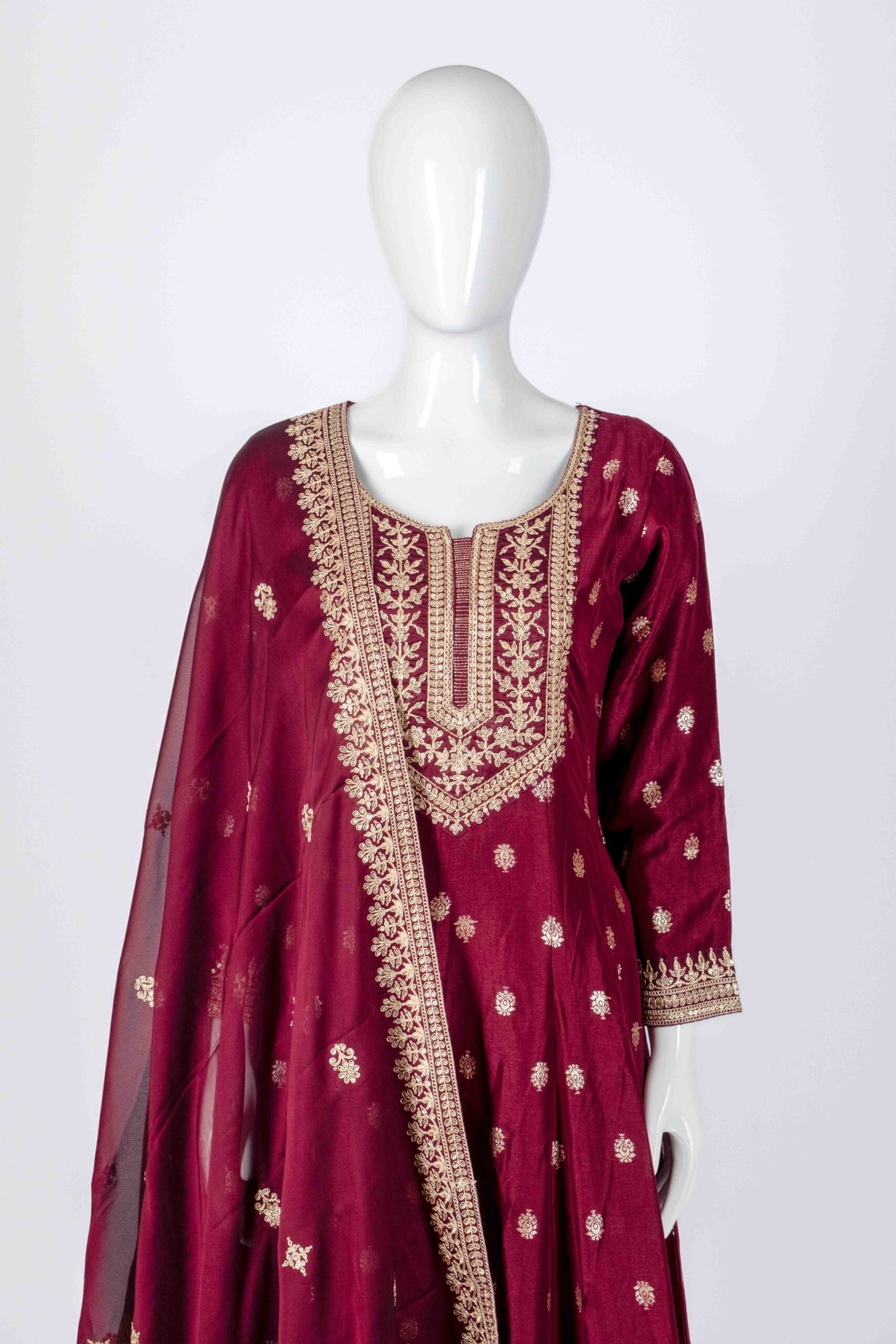 Women's beautiful maroon gold zari embossed salwar set