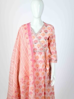 Women's Pink floral Angrakha/ wrap style kurta set