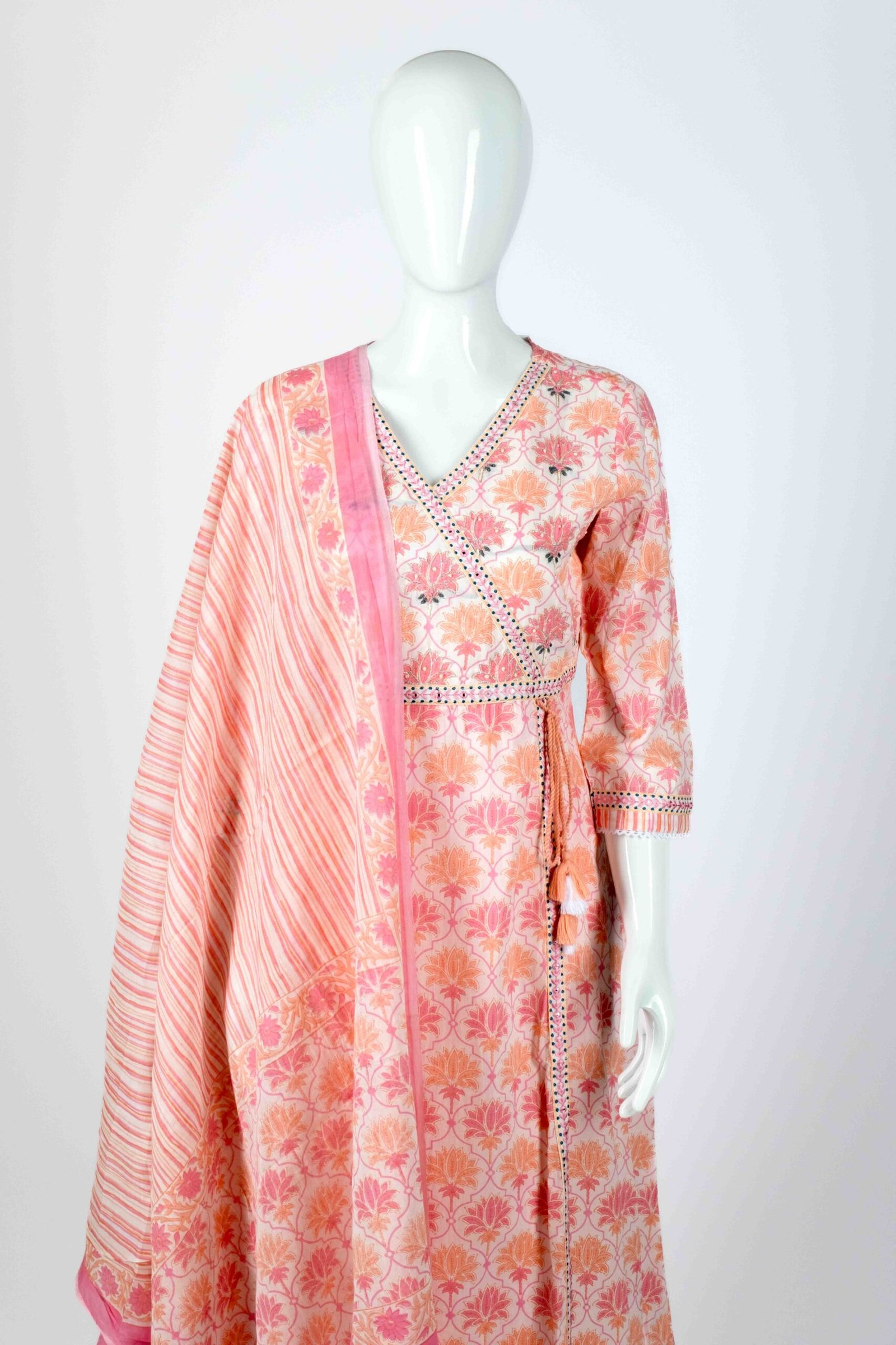 Women's Pink floral Angrakha/ wrap style kurta set