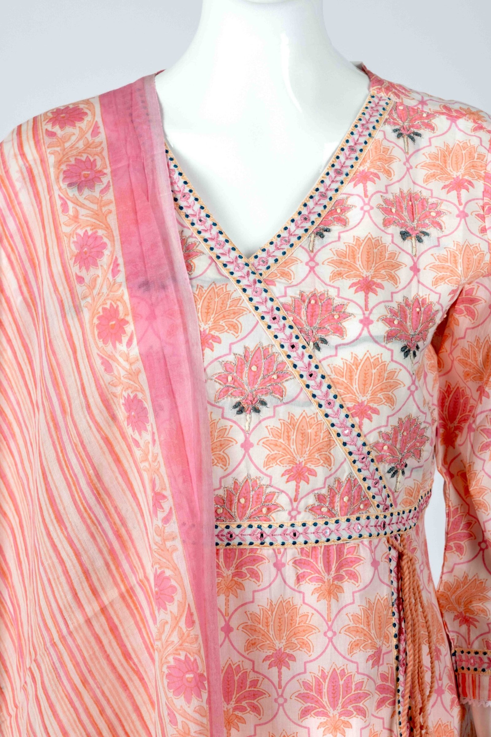 Women's Pink floral Angrakha/ wrap style kurta set