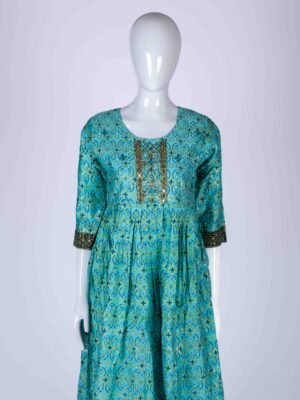 Women's SkyBlue ethnic printed kurta top with mirror and bead work