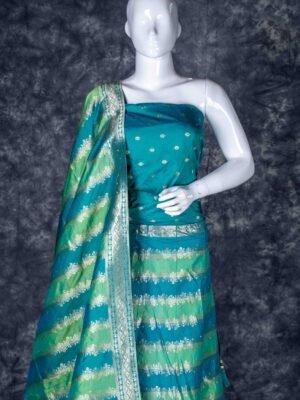 Semi-stitched Blue and green lehenga set with gold zari work