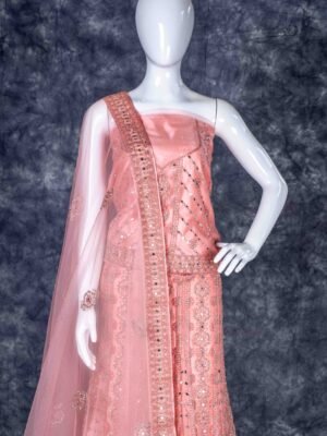 Semi-stitched Salmon Pink lehenga set with mirror and stone work