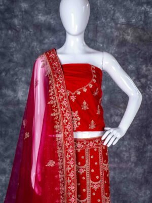 Semi-stitched red velvet lehenga set with silver zari and stone work