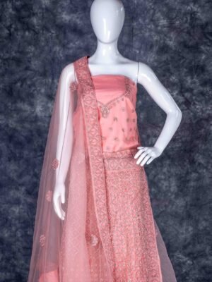 Semi-stitched light pink lehenga set with silver zari and stone work