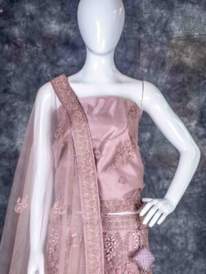 Semi-stitched onion pink lehenga set with floral embroidery and stone work