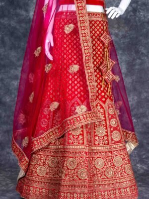 Semi-stitched red velvet lehenga set with gold zari and stone work