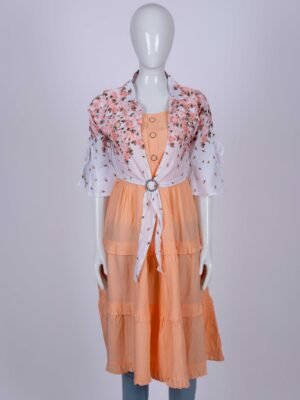 Women Peach floral overcoat long top/ midi dress