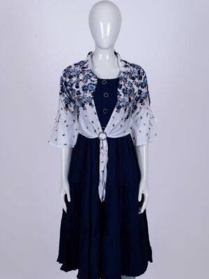 Women Navy Blue floral overcoat long top/ midi dress