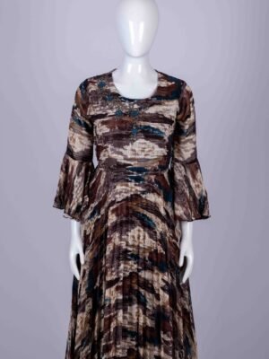 Women's Brown abstract printed plisse maxi dress