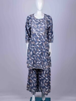 Women's Cobalt Blue floral printed kurta sharara set with chamki embroidery