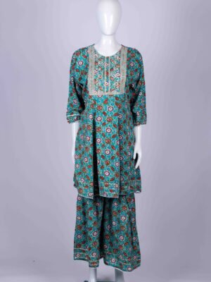 Women's Cyan Blue floral printed kurta sharara set with chamki embroidery