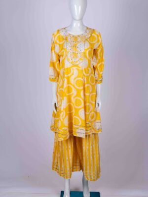 Women's Yellow floral printed kurta sharara set with chamki embroidery