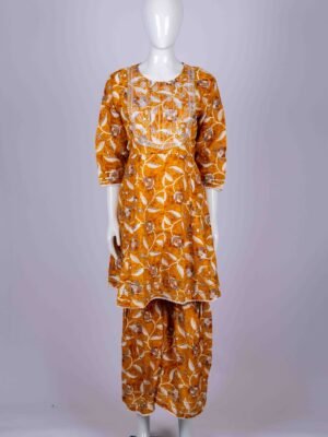 Women's Turmeric Yellow floral printed kurta sharara set with chamki embroidery