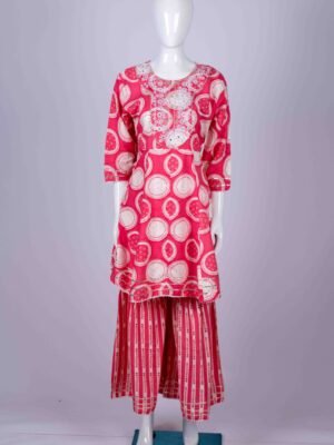 Women's Pink floral printed kurta sharara set with chamki embroidery