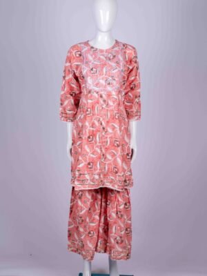 Women's Salmon Pink floral printed kurta sharara set with chamki embroidery