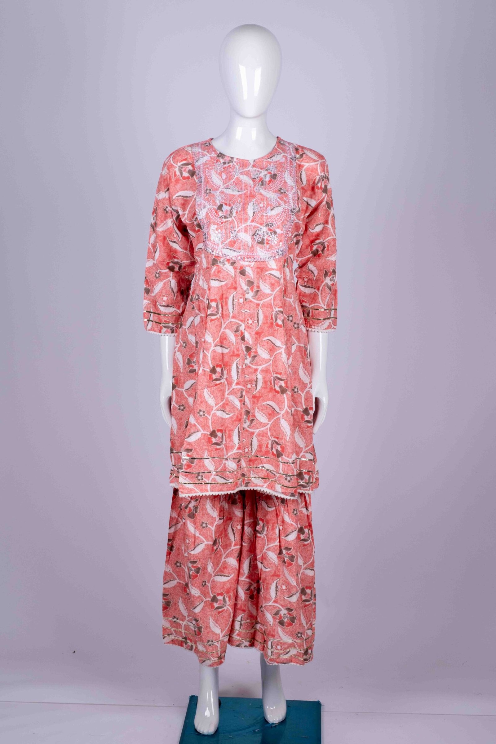 Women's Salmon Pink floral printed kurta sharara set with chamki embroidery