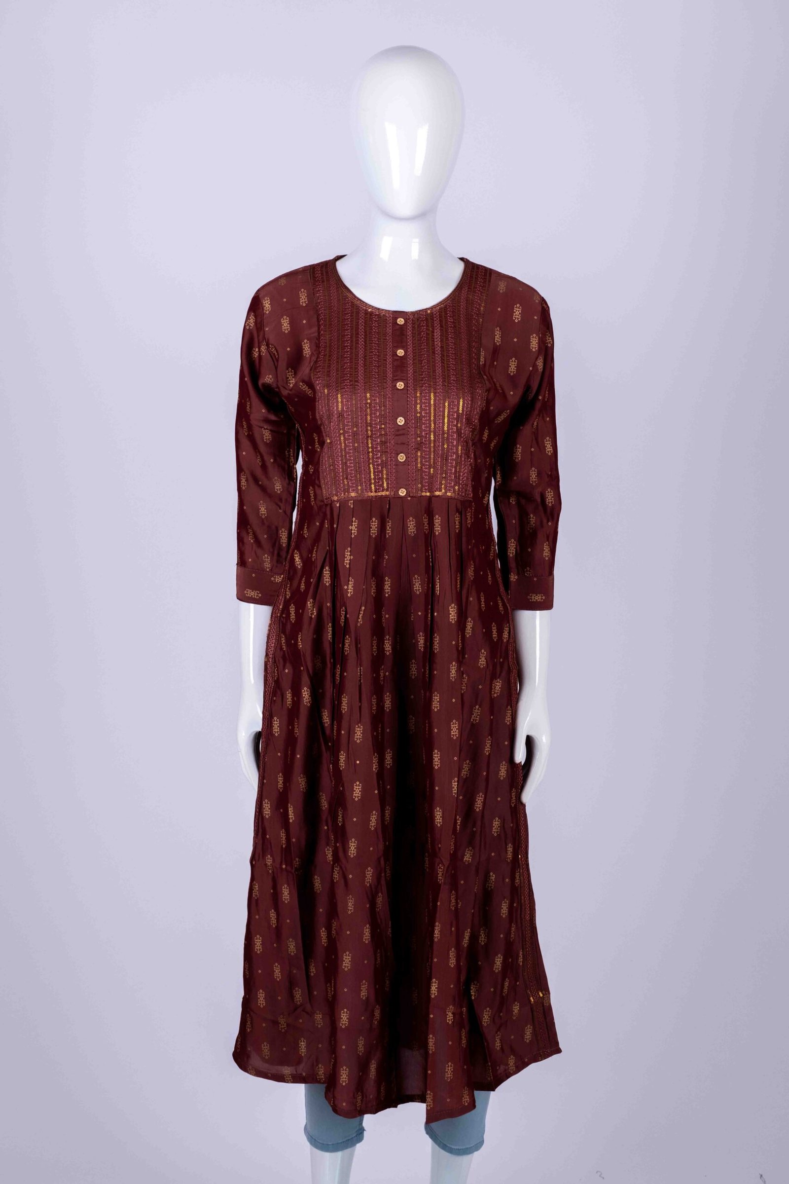 Women's Bronze ethnic printed kurta top with chamki work