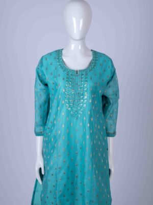 Women's Green ethnic printed kurta top with chamki embroidery