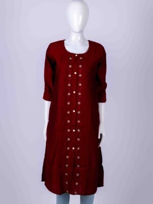 Women's Red solid button-down kurta top with floral embroidery