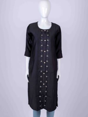 Women's Grey solid button-down kurta top with floral embroidery