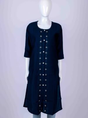 Women's Blue solid button-down kurta top with floral embroidery