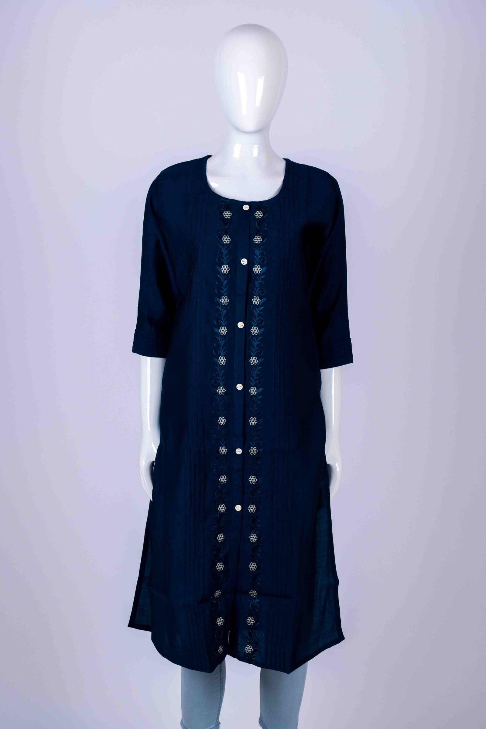 Women's Blue solid button-down kurta top with floral embroidery