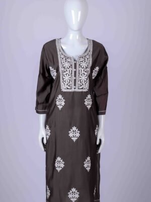 Women's Grey solid kurta top with white floral embroidery