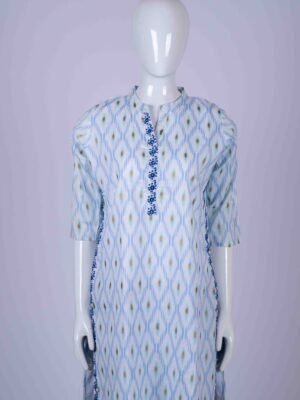 Women's Blue printed kurta top with floral embroidery