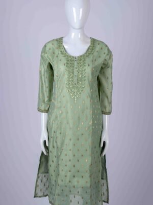 Women's Pista Green ethnic printed kurta top with chamki embroidery