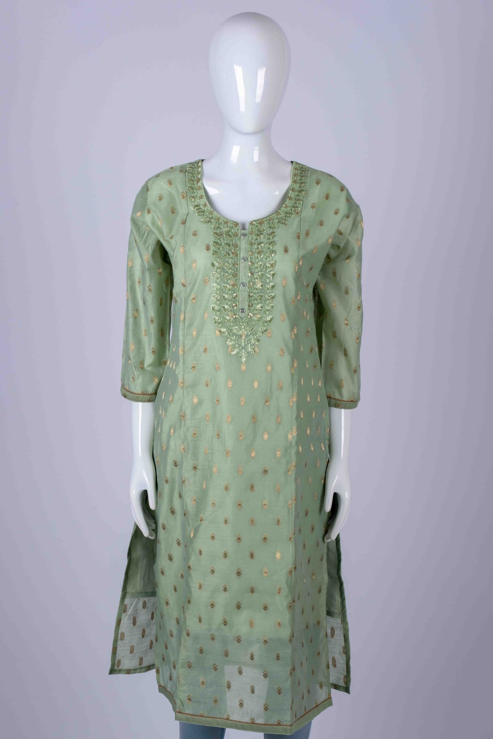 Women's Pista Green ethnic printed kurta top with chamki embroidery