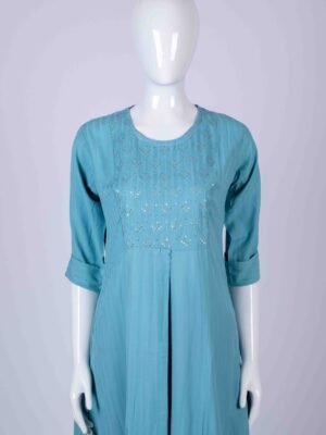 Women's Blue solid kurta top with chamki embroidery