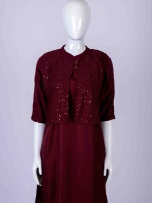 Women's Maroon solid kurta with sequin overcoat