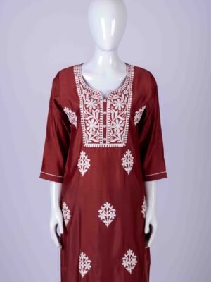 Women's Maroon solid kurta top with white floral embroidery